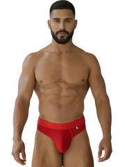 Red xtremen 91268 microfiber mesh thongs with a snug fit and small waistband logo shown from the front