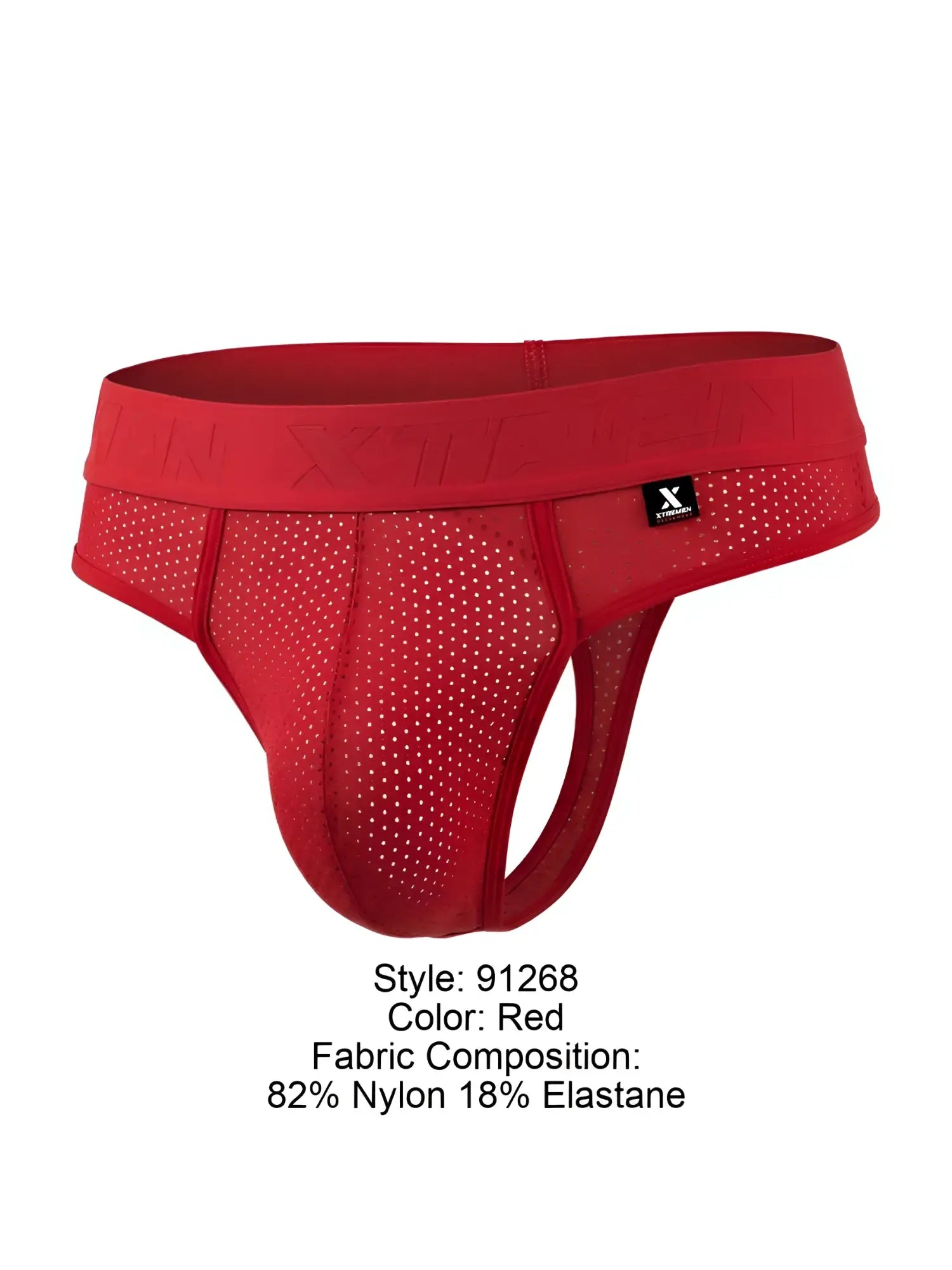 Red xtremen 91268 microfiber mesh thong with perforated design elastic waistband and x brand logo visible on front