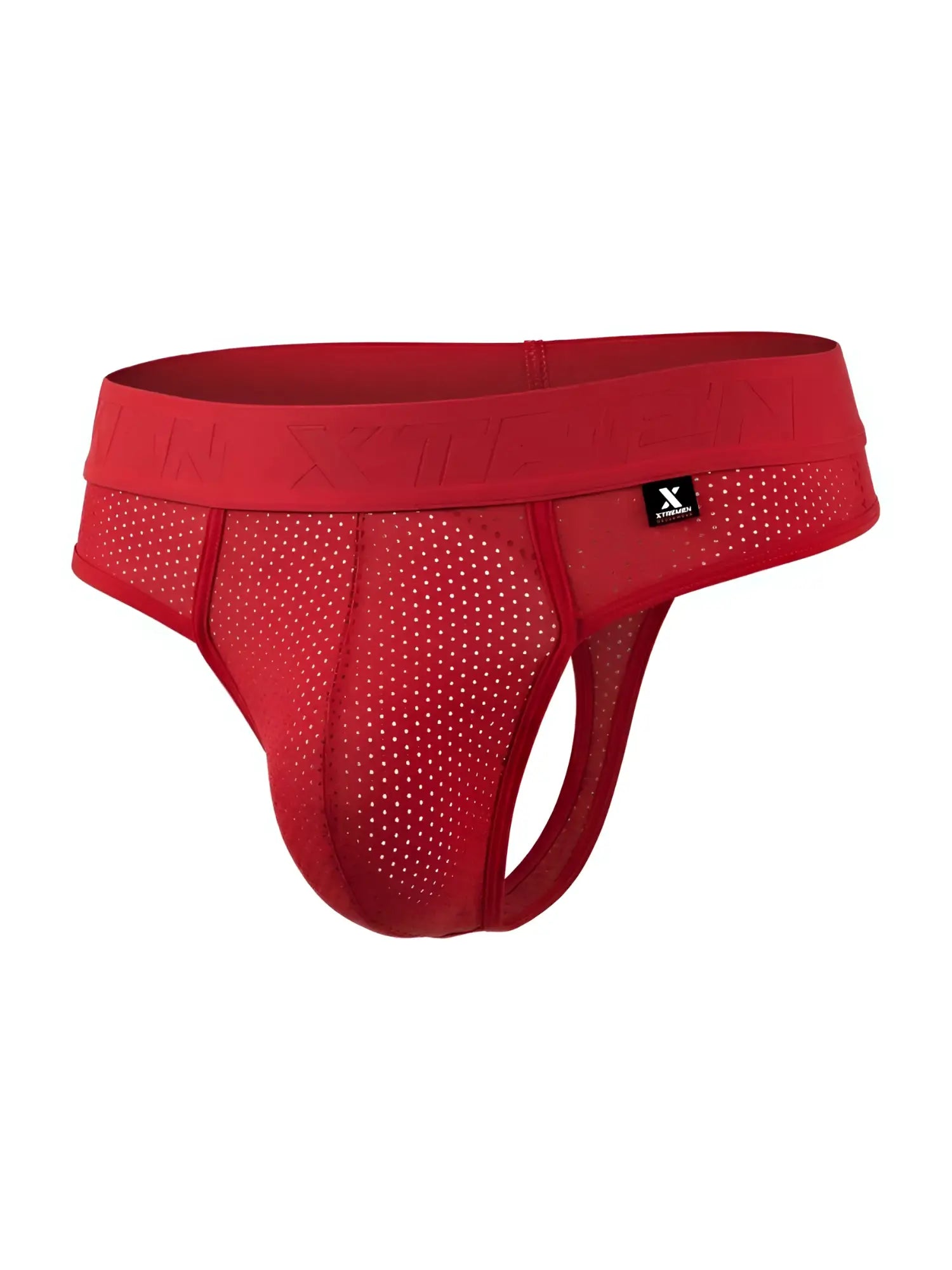 Red xtremen 91268 microfiber mesh thong featuring perforated design and branded logo tag