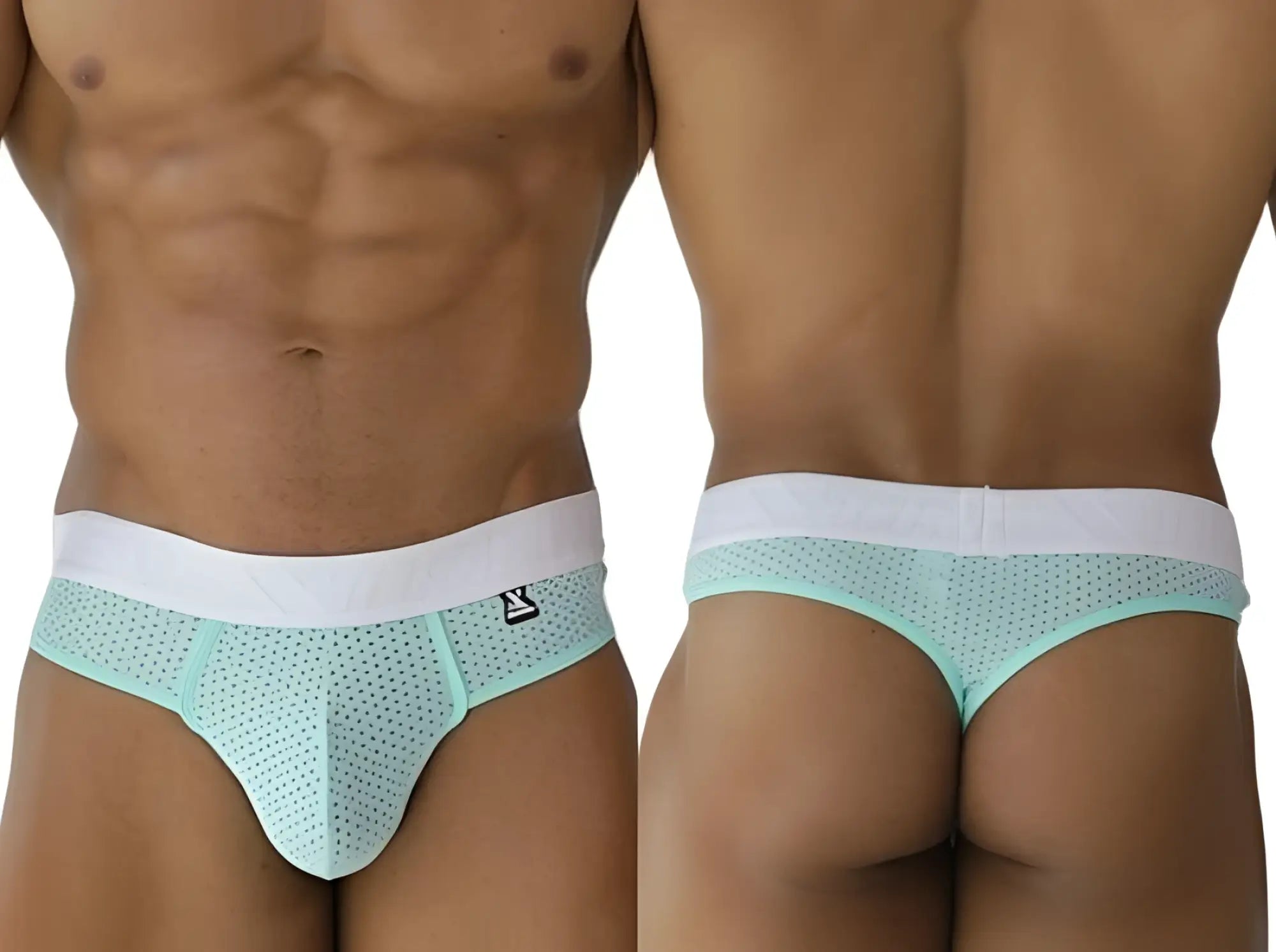 Light blue mesh briefs with white waistband and small black logo side detail from Xtremen 91268 microfiber mesh thongs seawater