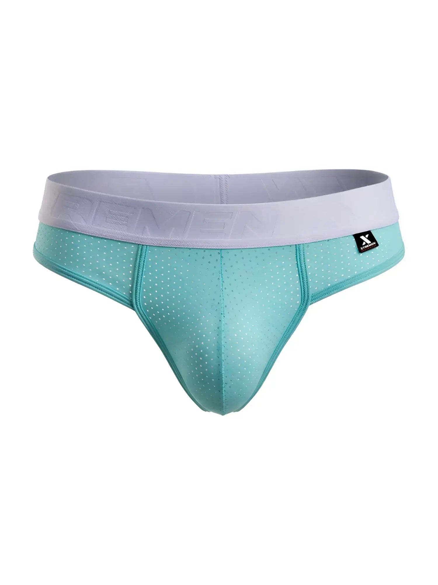 Teal mesh athletic briefs with white x-strong waistband made of microfiber mesh in seawater color front view