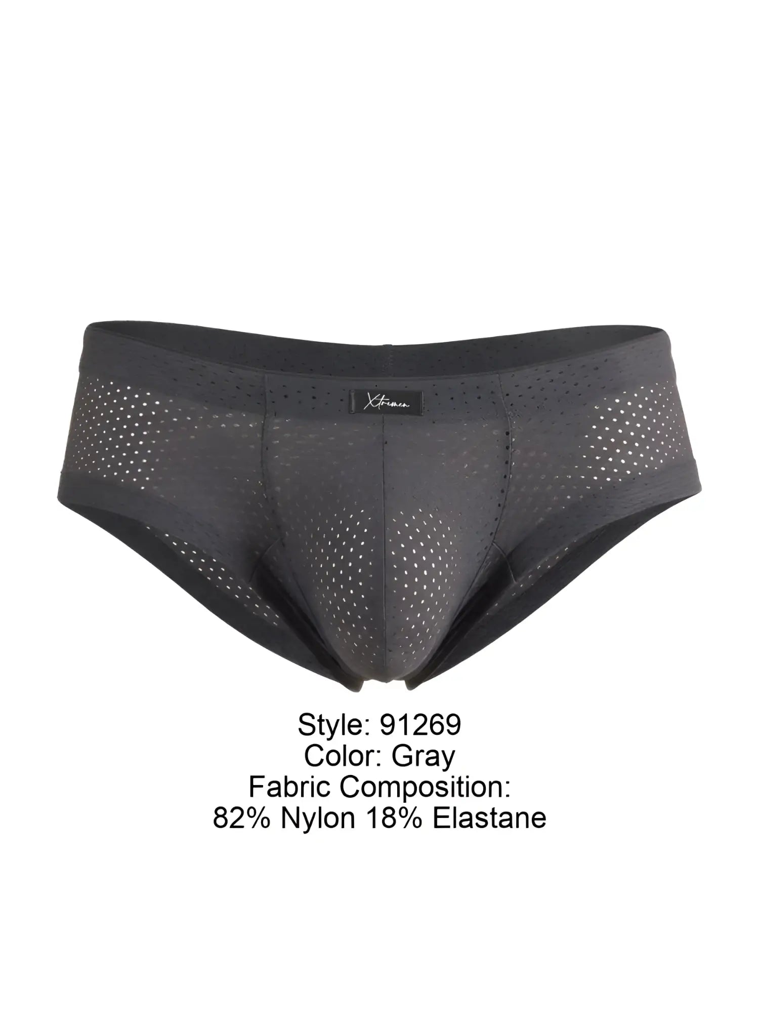 Gray xtremen 91269 microfiber mesh briefs with perforated design and black trim made from nylon and elastane