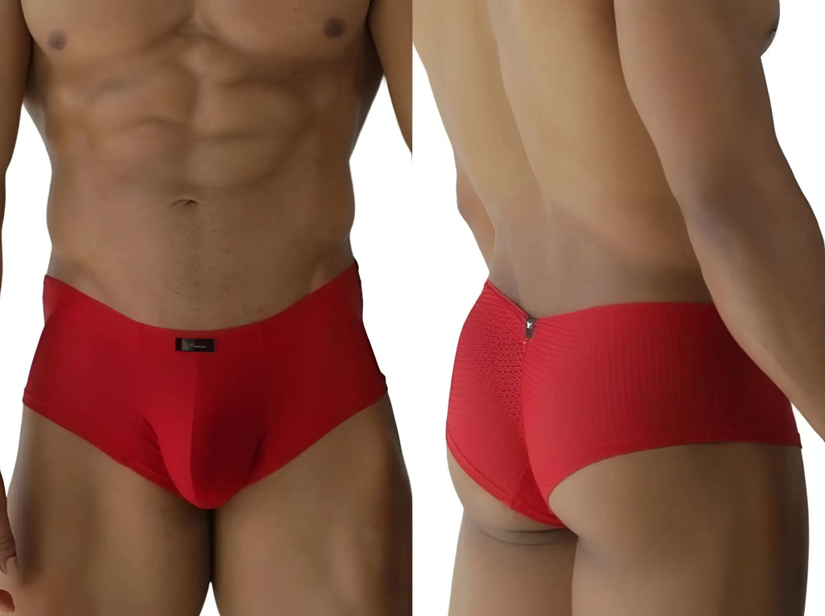Xtremen 91269 microfiber mesh red men’s briefs with smooth form-fitting fabric and a small black brand tag on the waistband