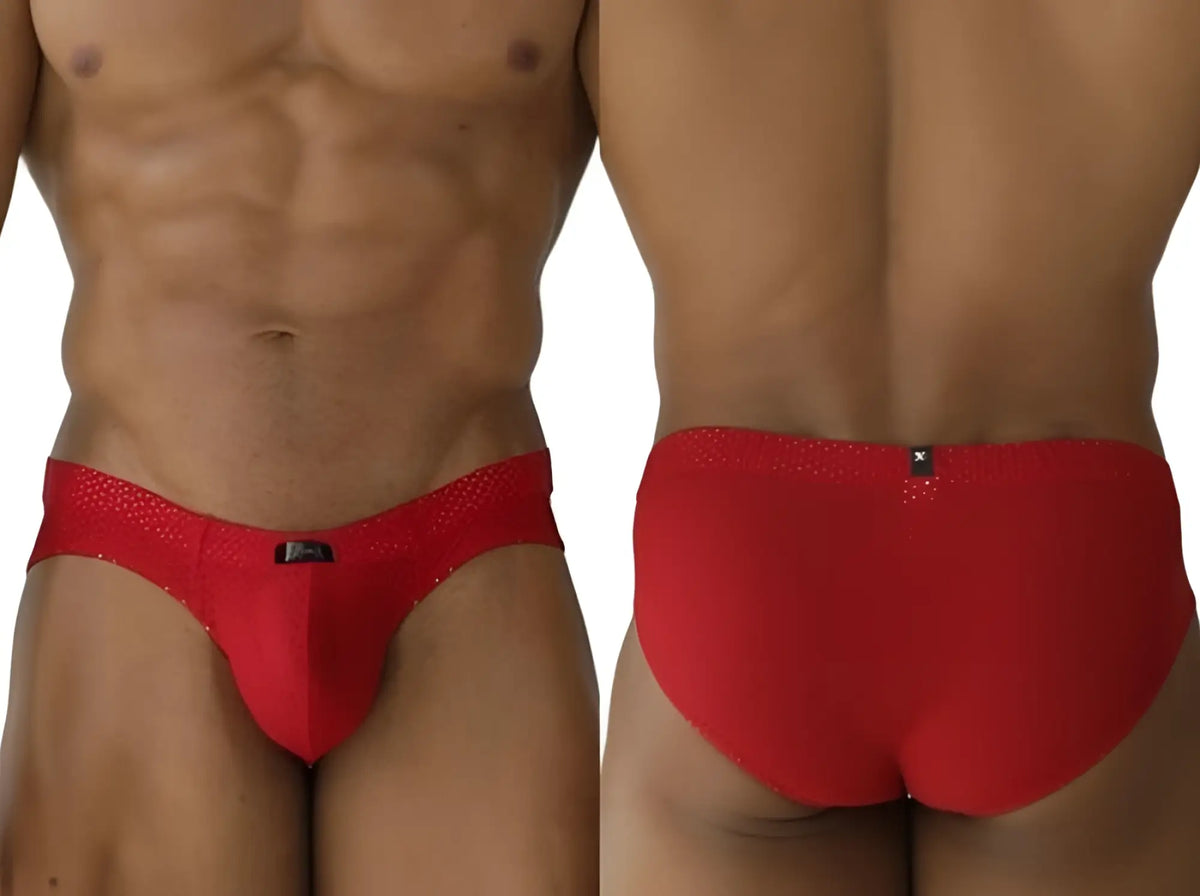 Red xtremen 91270 microfiber mesh briefs with textured form fitting design and black brand tag at waistband