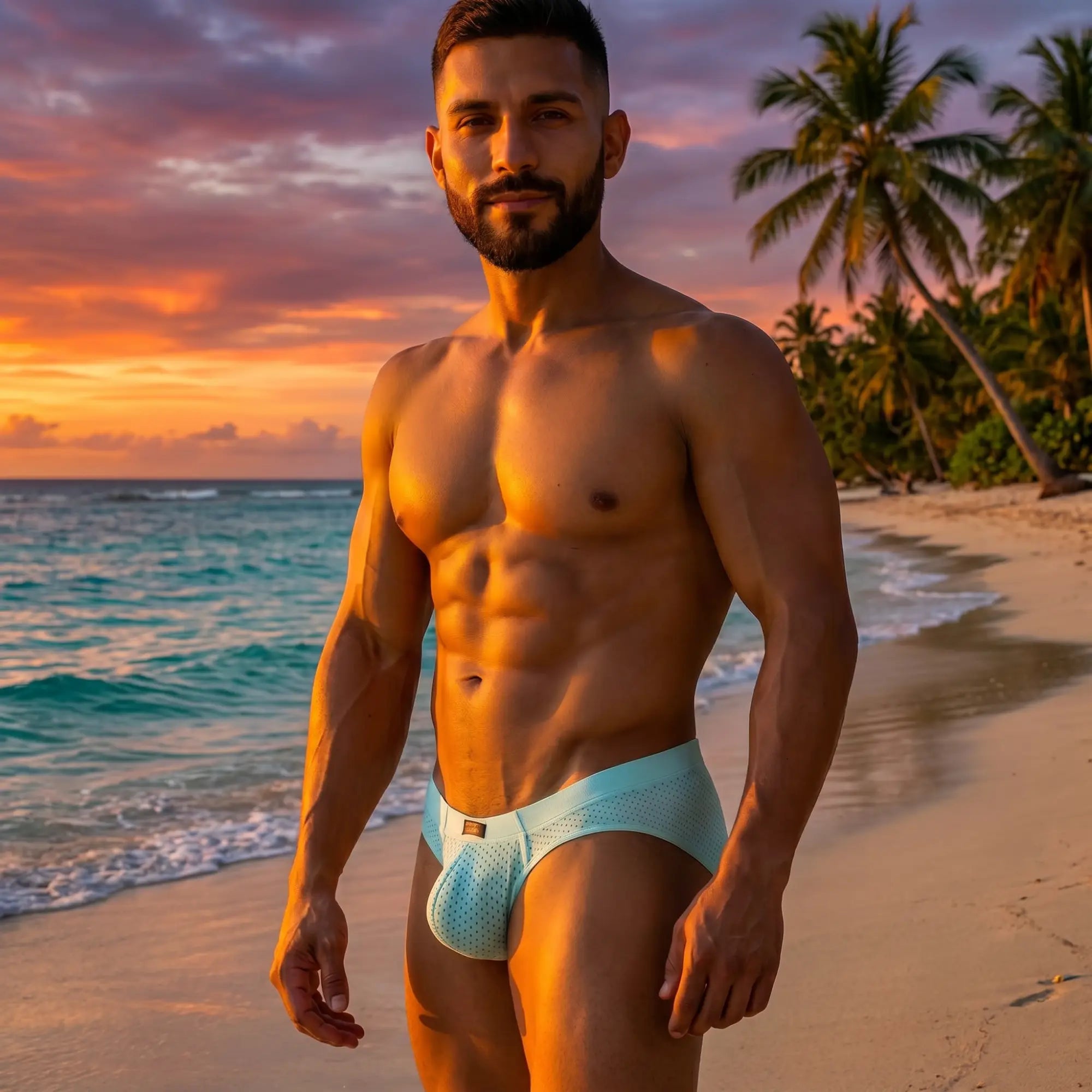 Athletic man in Xtremen 91270 seawater aqua blue microfiber mesh briefs, minimal editorial studio, fresh confident mood