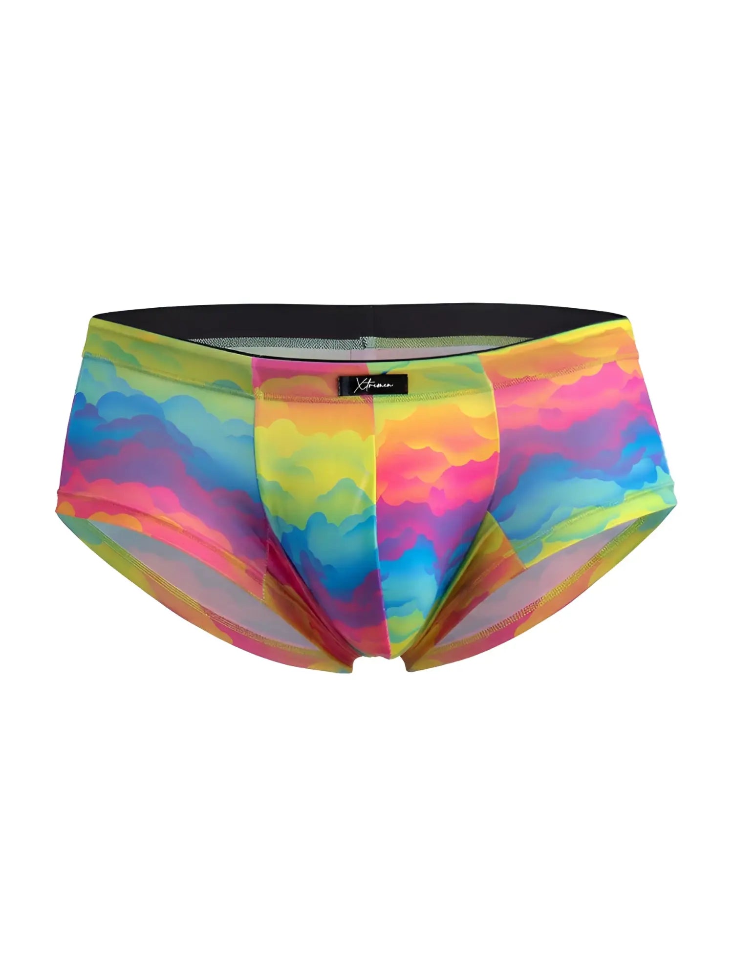 Vibrant rainbow cloud-patterned men’s microfiber briefs with black waistband and xtravaganza label xtremen 91283