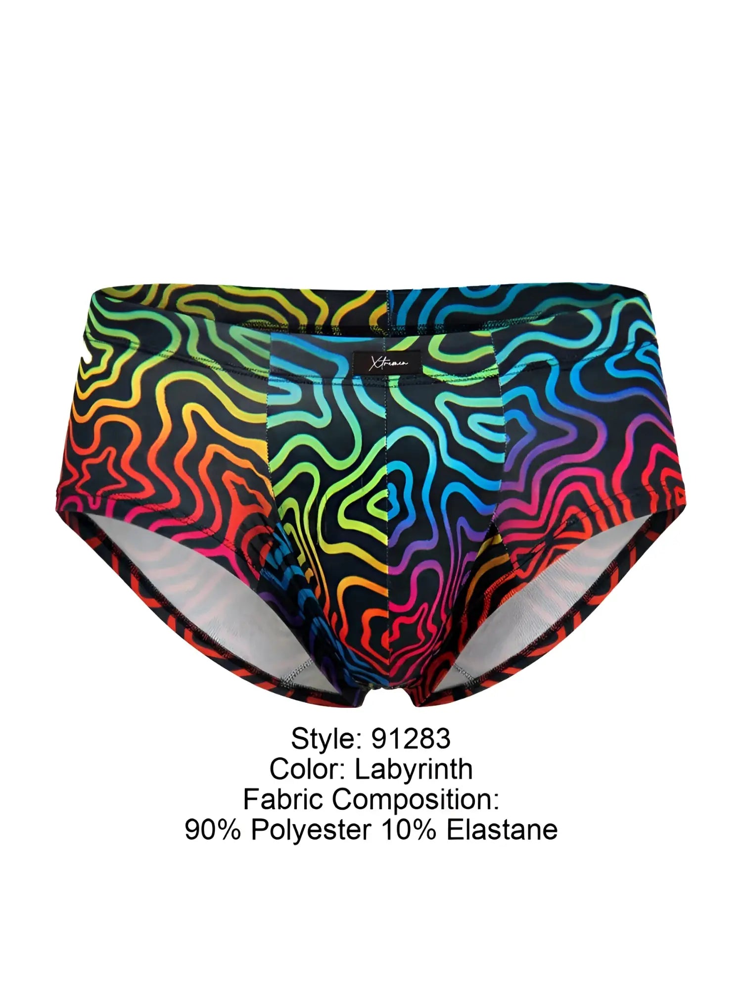 Xtremen 91283 rainbow printed microfiber briefs with vibrant psychedelic labyrinth pattern and black trim