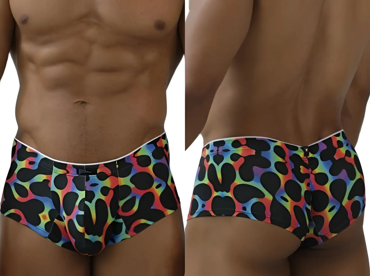 Xtremen 91283 rainbow printed microfiber briefs with black abstract pattern and white waistband in color mushroom