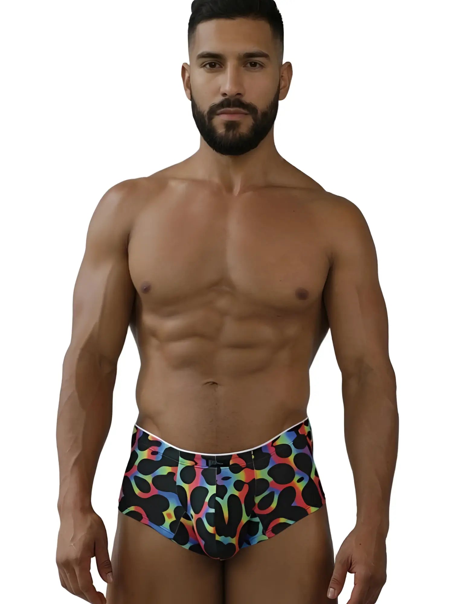 Xtremen 91283 rainbow printed microfiber briefs with rainbow leopard print, black spots, and a white waistband