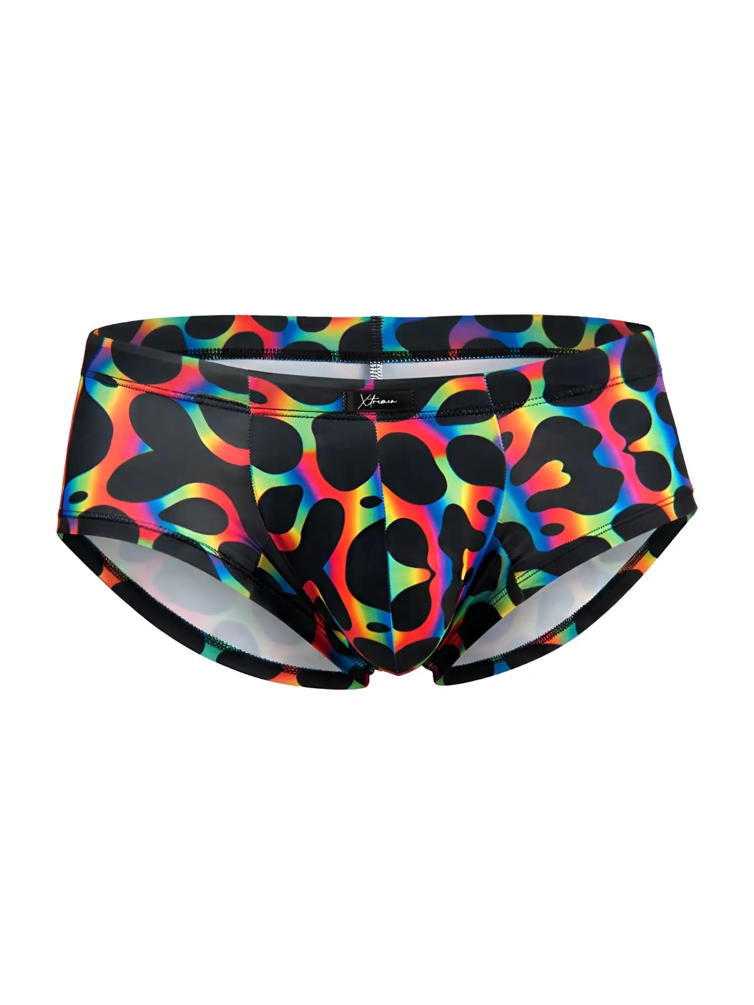 Xtremen 91283 rainbow printed microfiber briefs with vibrant rainbow colors and bold black leopard print pattern