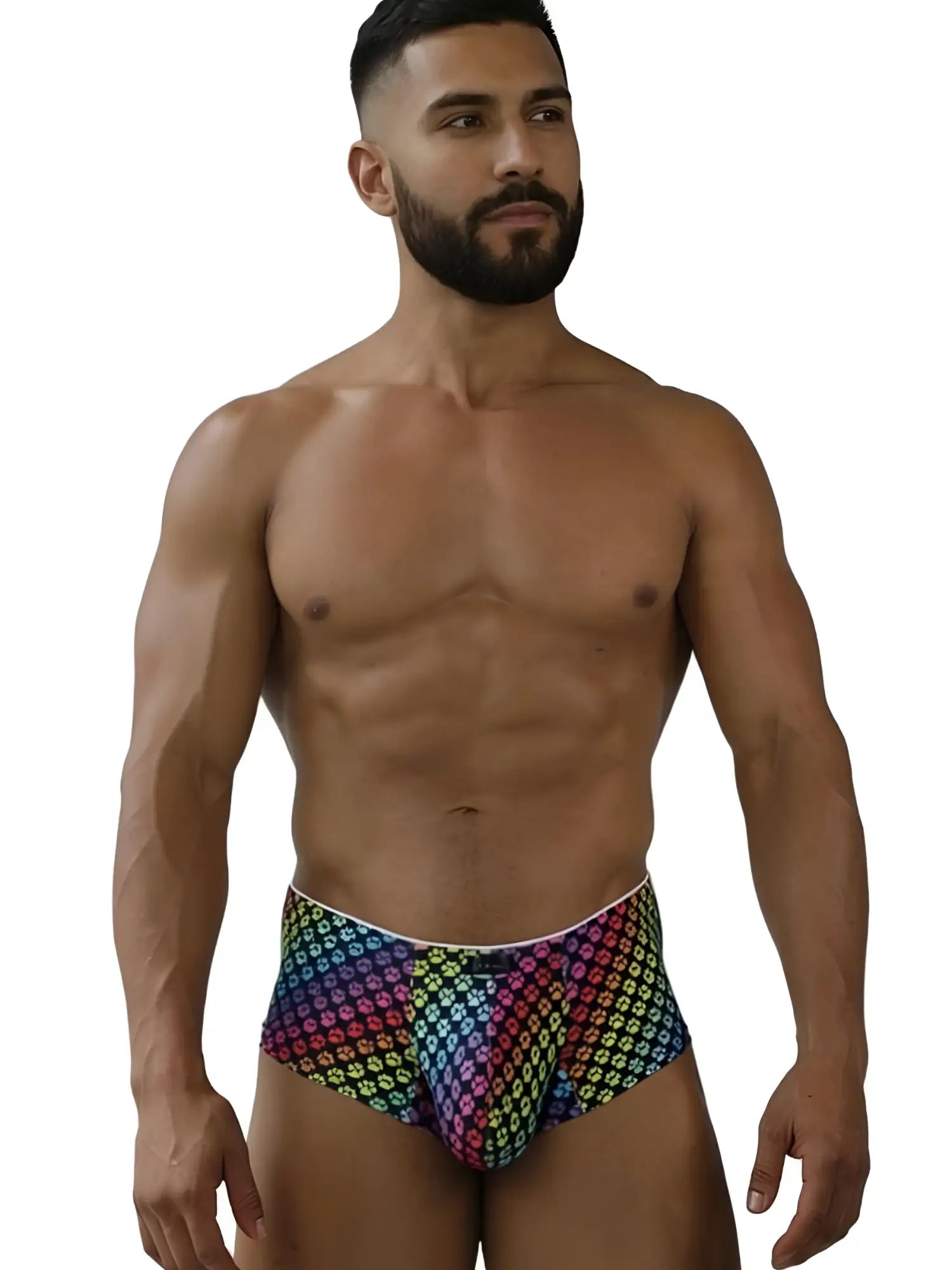 Xtremen 91283 rainbow printed microfiber briefs with rainbow-colored geometric paw print pattern