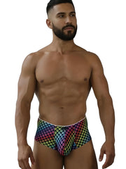 Xtremen 91283 rainbow printed microfiber briefs with rainbow-colored geometric paw print pattern