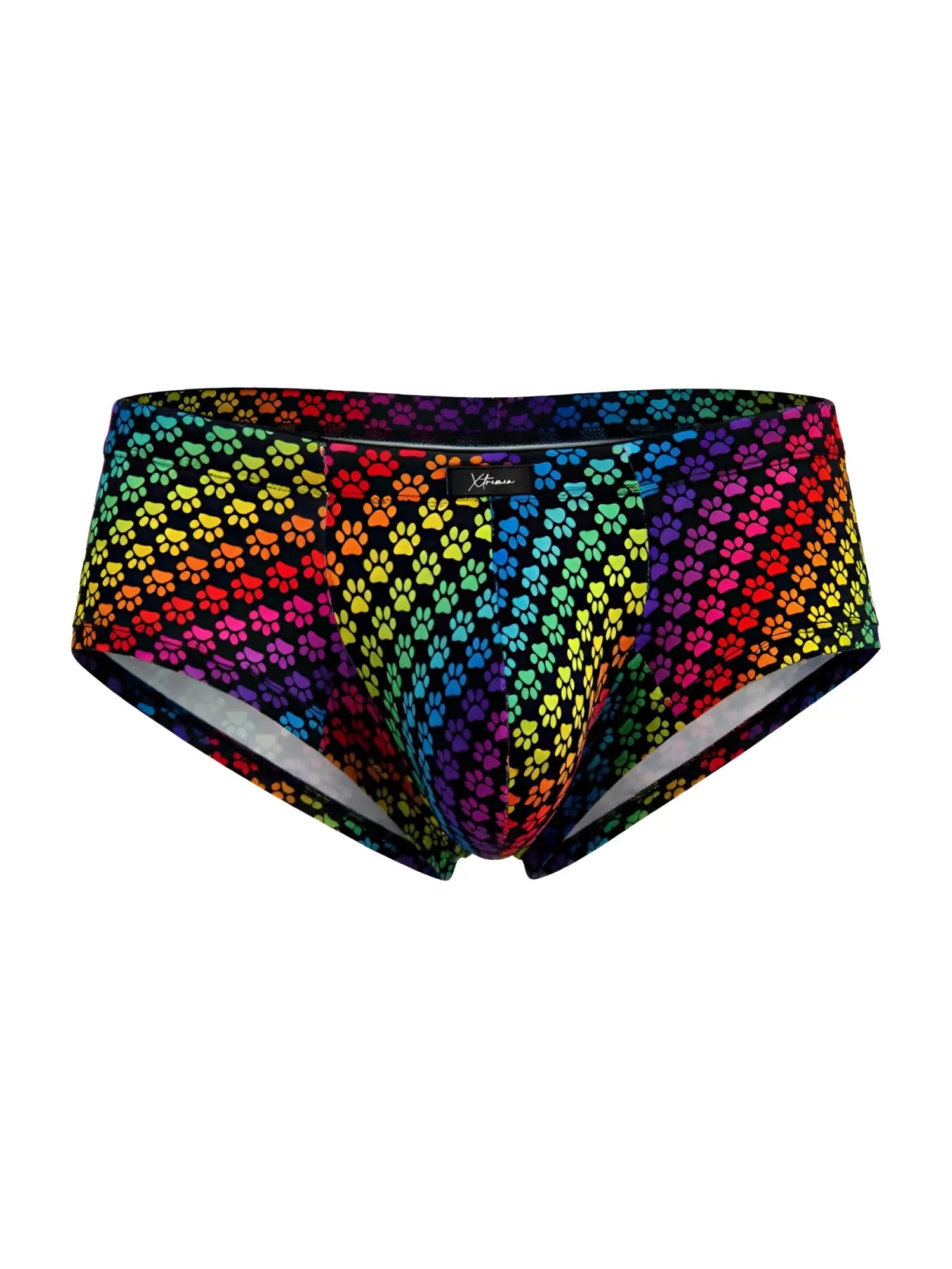 Xtremen 91283 rainbow printed microfiber briefs in black with vibrant rainbow paw print pattern on the front