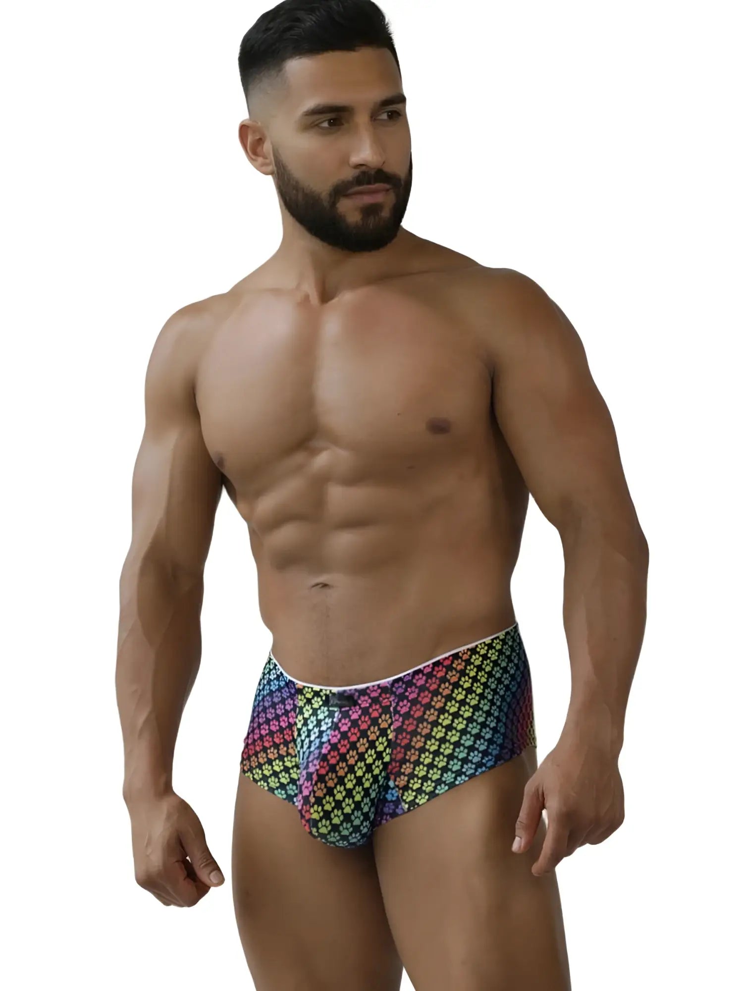 Xtremen 91283 rainbow printed microfiber briefs with paw print pattern white trim and geometric design