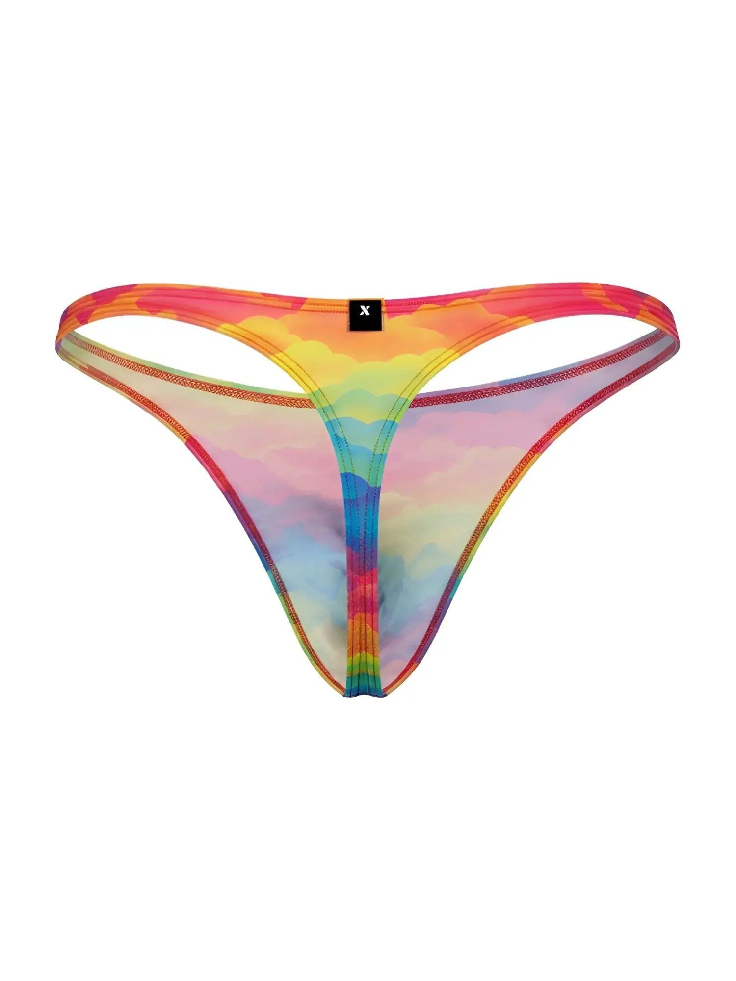 Rainbow tie-dye mesh thong in microfiber with black Xtremen brand tag at waistband center from the color cloud collection