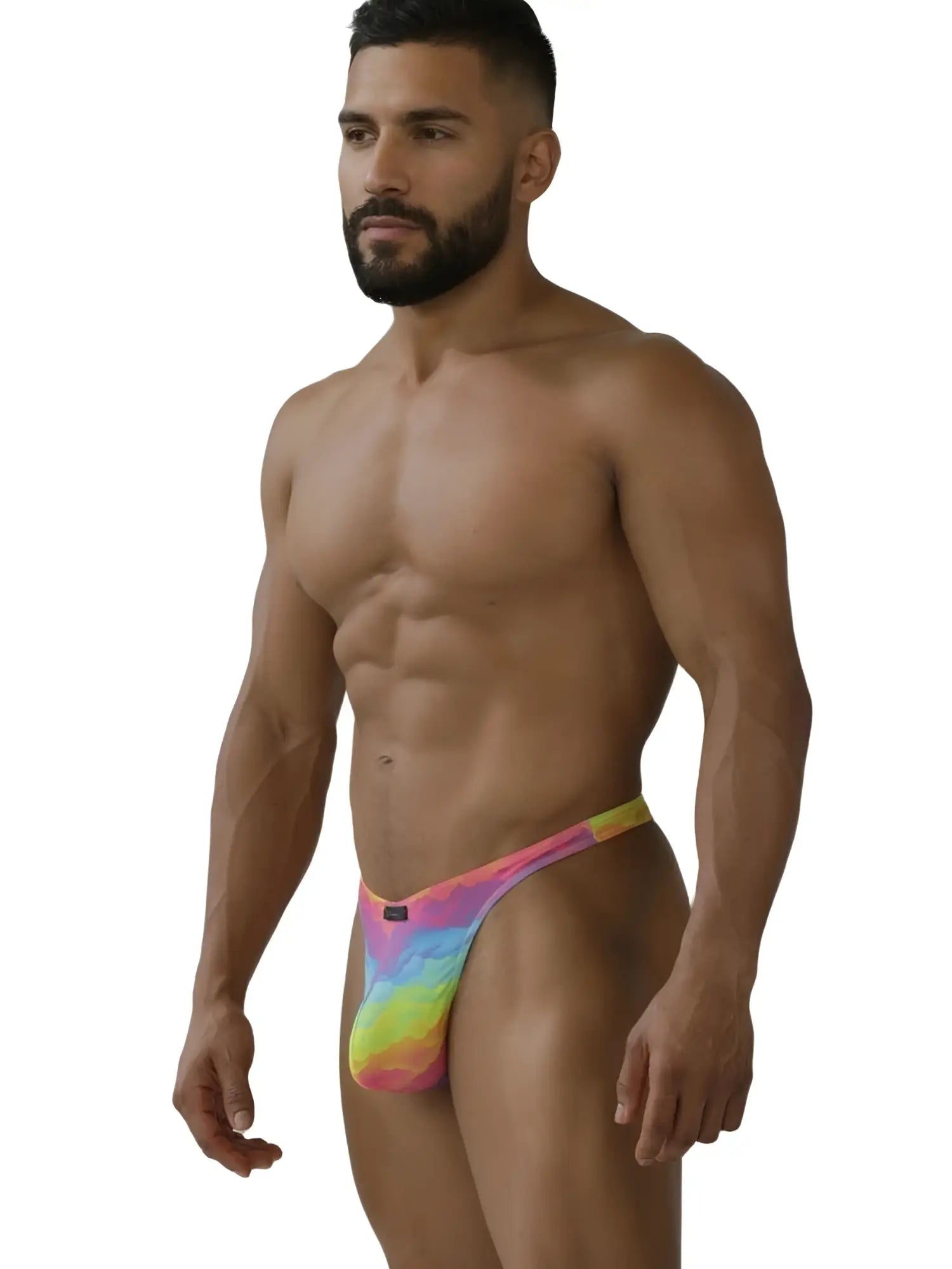 Xtremen 91284 printed microfiber men’s thong in rainbow tie dye with a snug form fitting design color cloud pattern