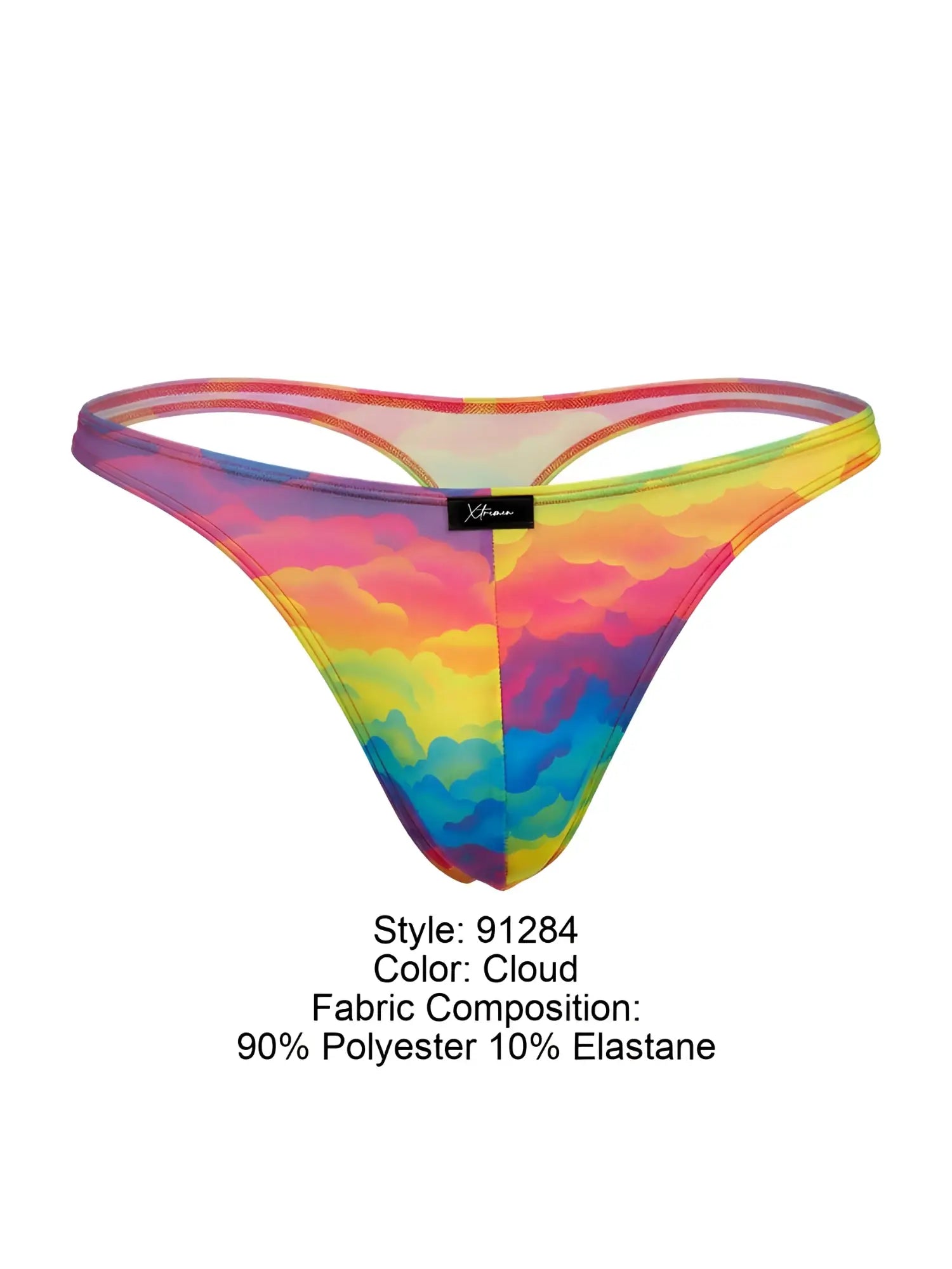 Vibrant rainbow cloud-patterned Xtremen 91284 printed microfiber thong in 90% polyester and 10% elastane with brand tag