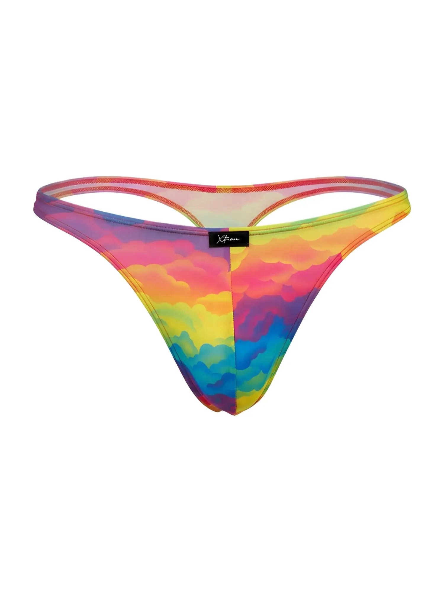 Vibrant rainbow cloud-patterned Xtremen 91284 microfiber thong in stretchy fabric with black brand tag visible