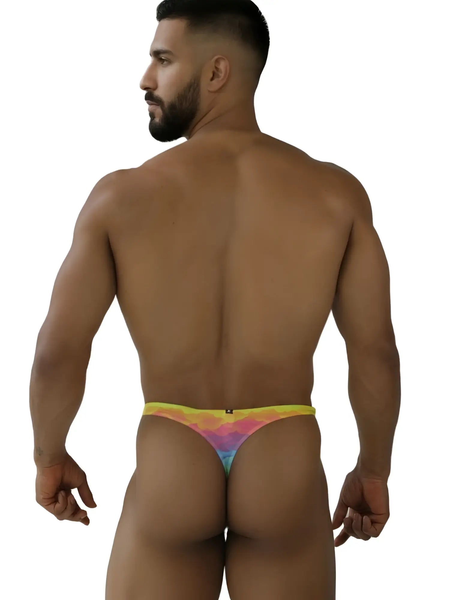 A vibrant rainbow tie dye microfiber thong with a snug form fitting design from xtremen 91284 color cloud collection