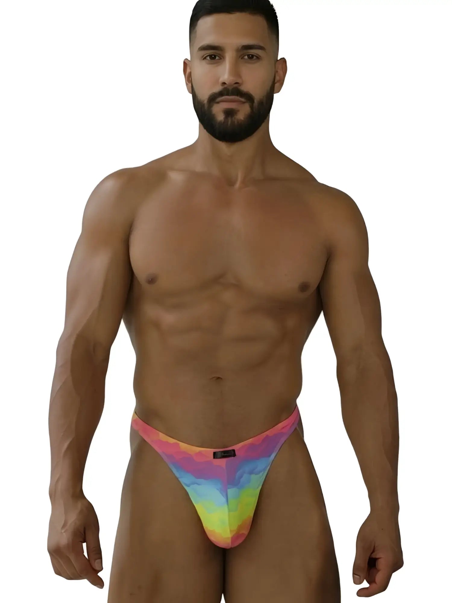 Vibrant tie-dye patterned xtremen 91284 printed microfiber men’s thong in rainbow hues showing front side