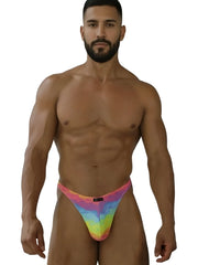 Vibrant tie-dye patterned xtremen 91284 printed microfiber men’s thong in rainbow hues showing front side