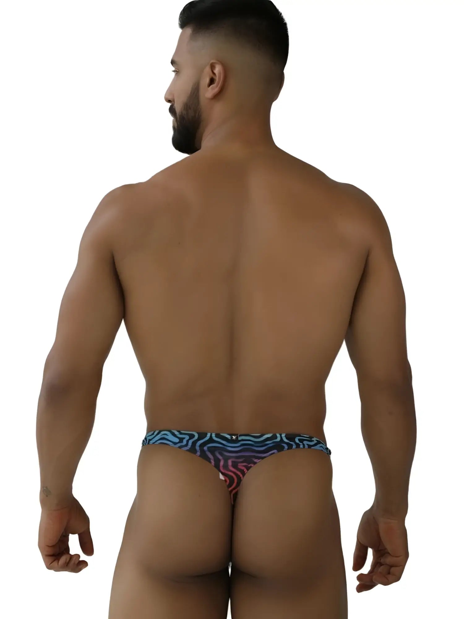 Xtremen 91284 printed microfiber thongs with blue and purple abstract pattern labyrinth design swim trunks front view