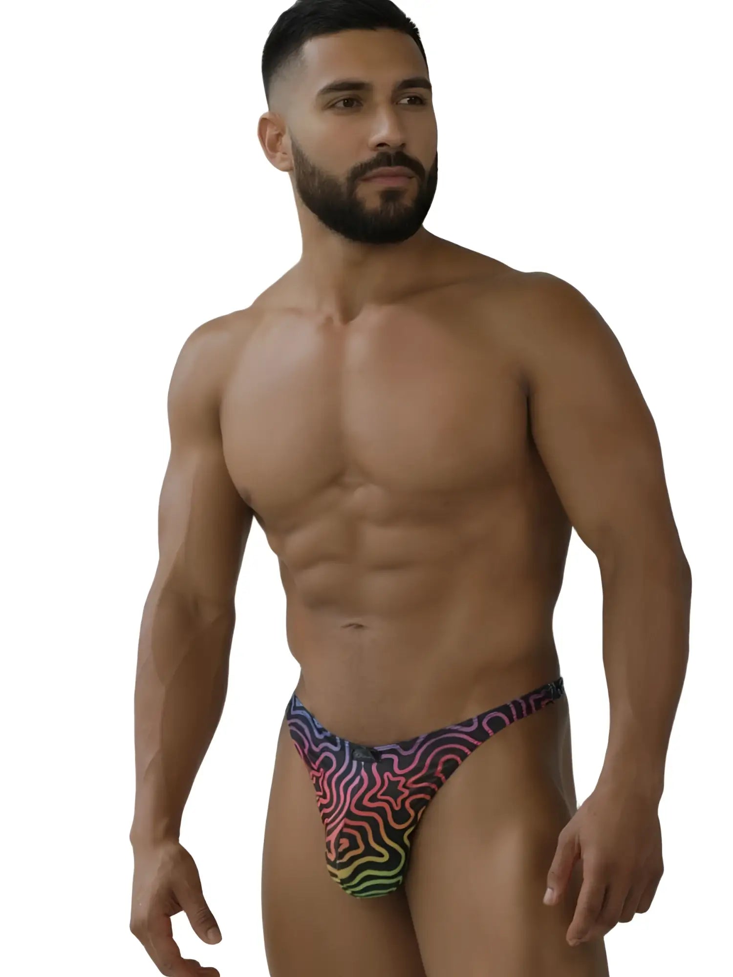 Xtremen 91284 men’s microfiber briefs with a bold psychedelic rainbow-colored labyrinth pattern