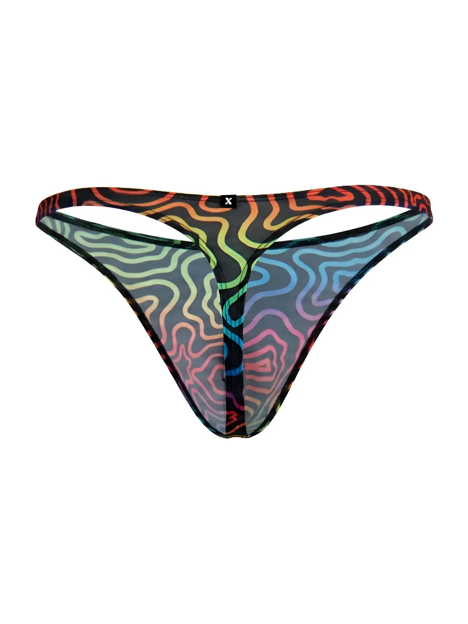 Xtremen 91284 printed microfiber thong in rainbow sheer mesh with wavy pattern and black trim shown from the back