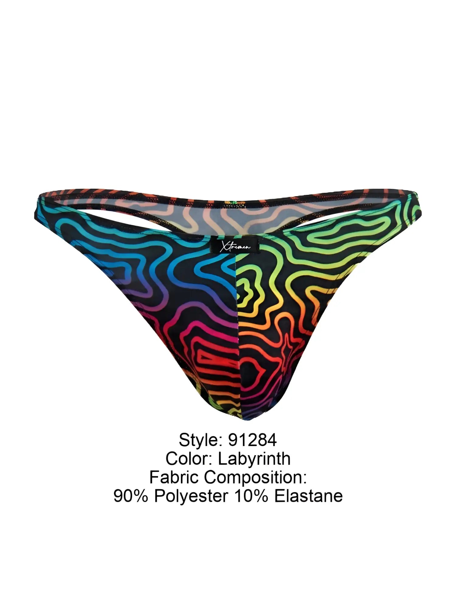 Xtremen 91284 printed microfiber thong with rainbow wavy pattern on black fabric made of 90 polyester 10 elastane