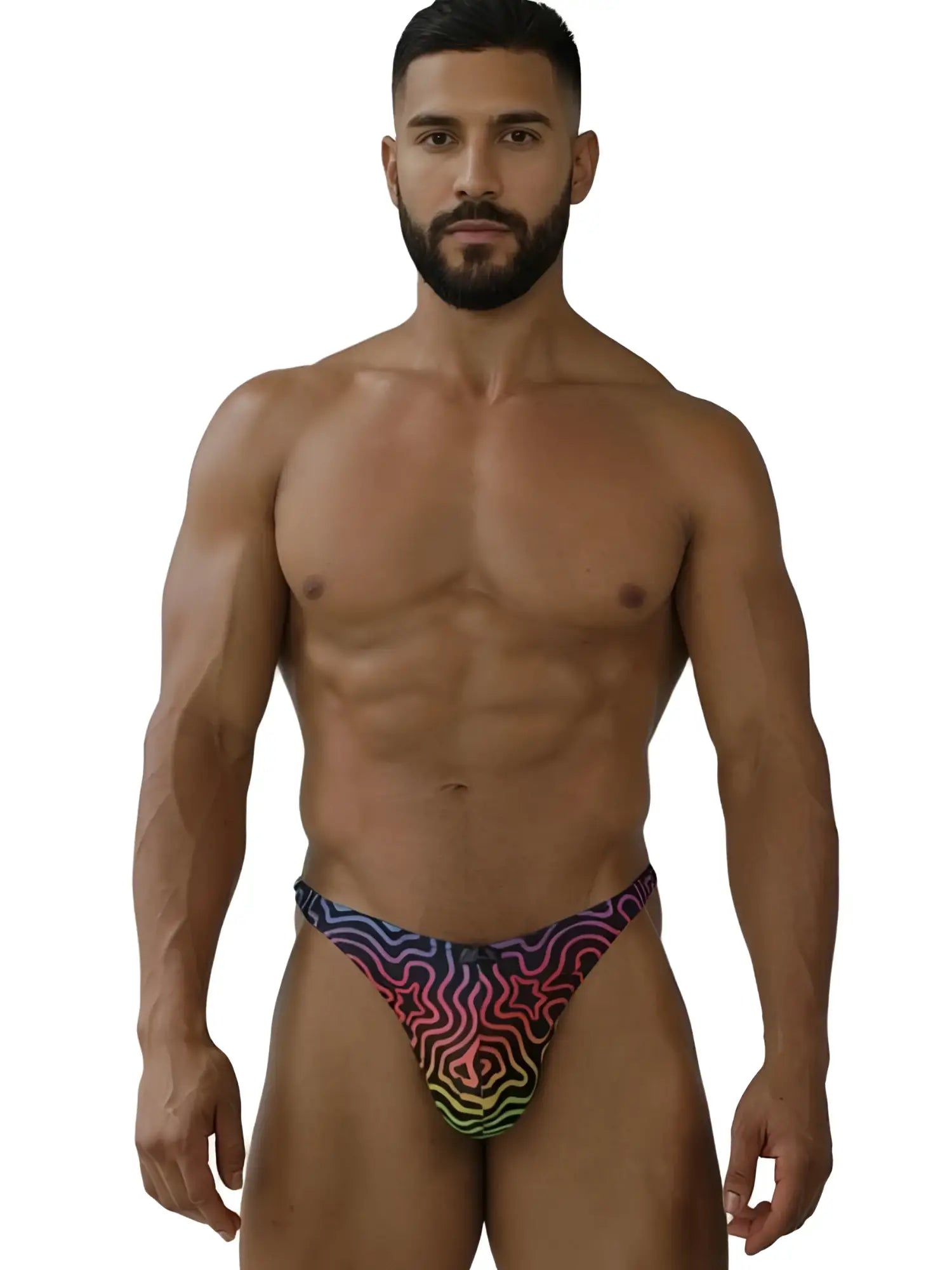 Xtremen 91284 printed microfiber thong with vibrant rainbow gradient and psychedelic wavy starburst pattern