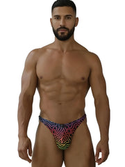 Xtremen 91284 printed microfiber thong with vibrant rainbow gradient and psychedelic wavy starburst pattern