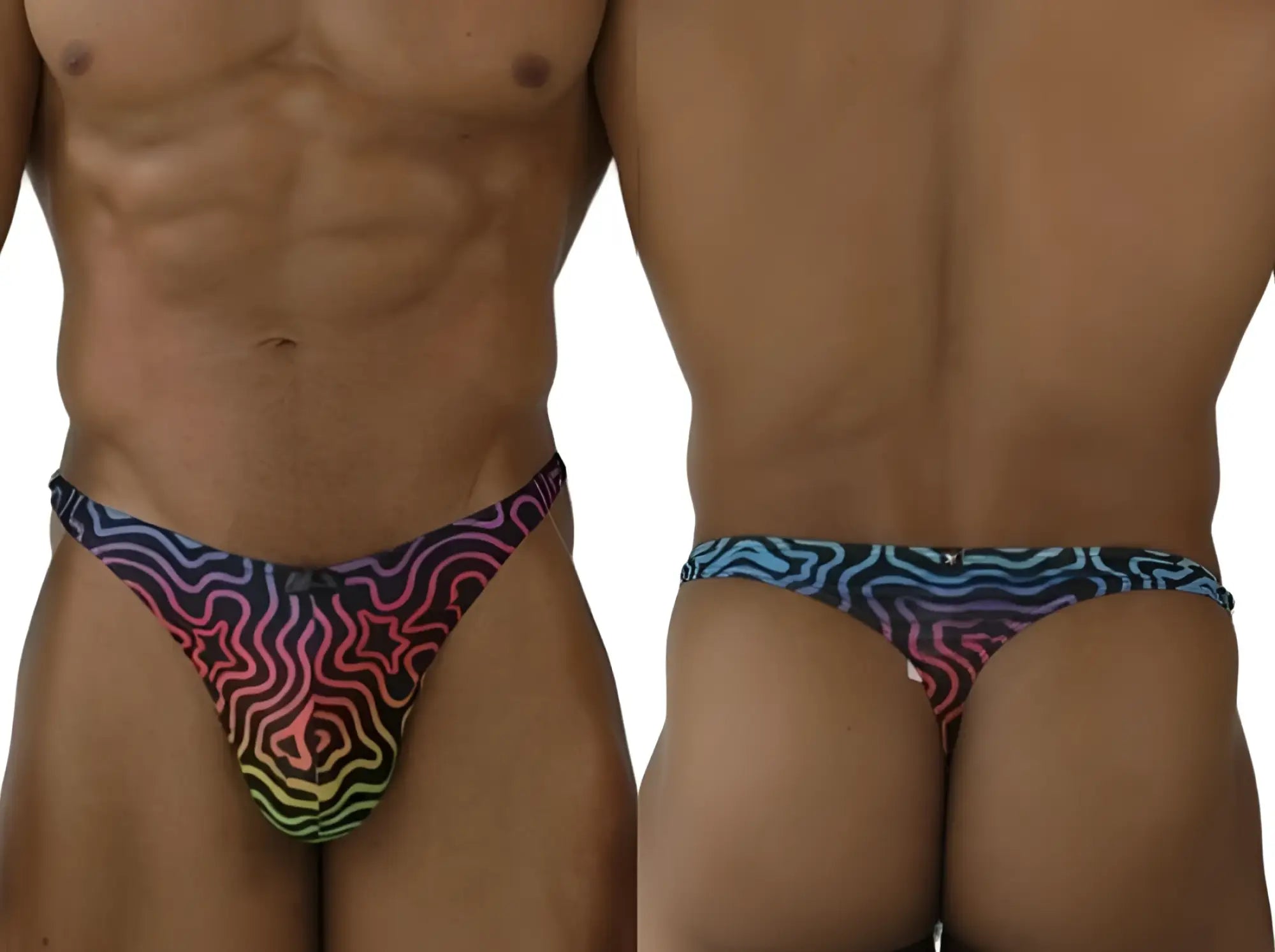 Xtremen 91284 printed microfiber thong with a vibrant psychedelic rainbow gradient and bold black wavy lines