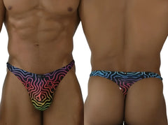 Xtremen 91284 printed microfiber thong with a vibrant psychedelic rainbow gradient and bold black wavy lines