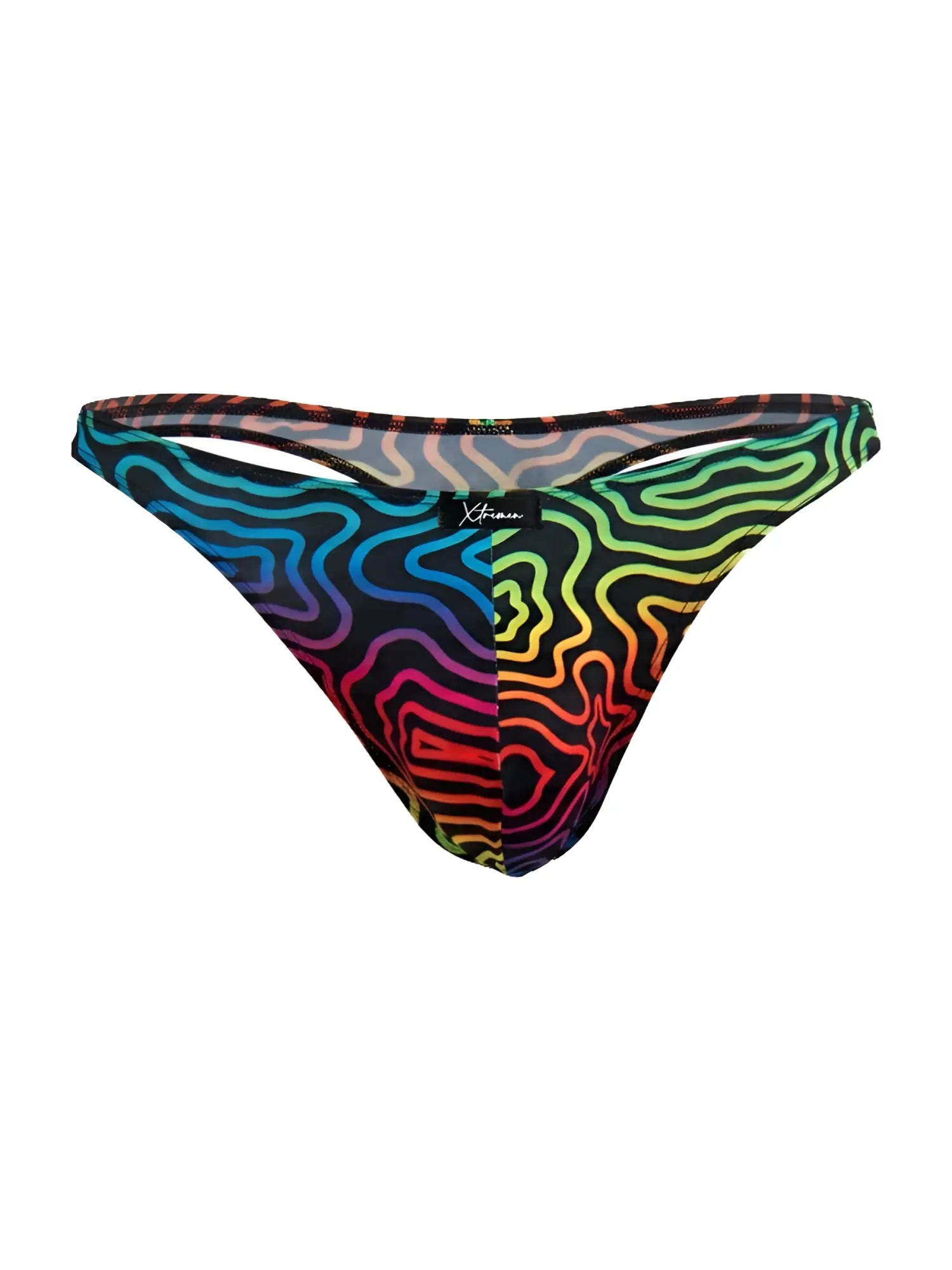 Vibrant rainbow-colored Xtremen 91284 printed microfiber thong with psychedelic wavy pattern on black fabric