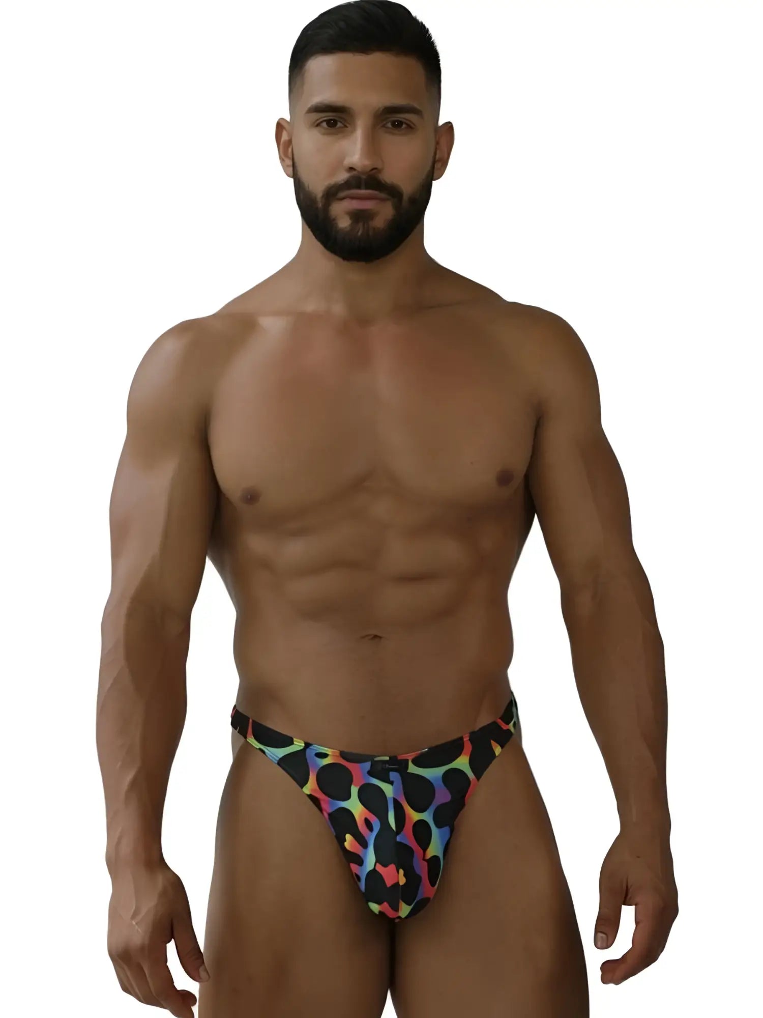 Mens colorful leopard print microfiber thong in vibrant multicolored mushroom pattern xtremen 91284