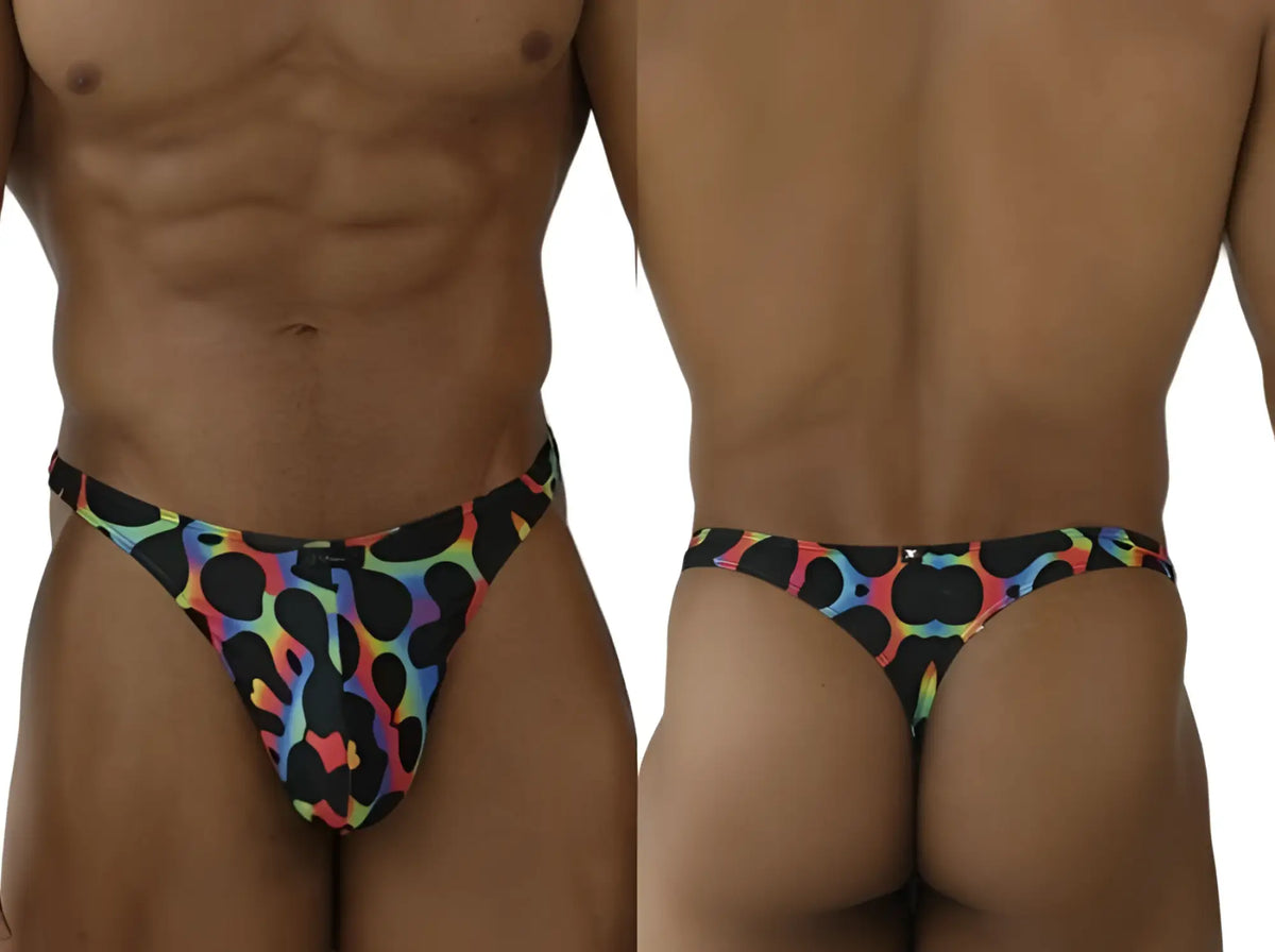 Xtremen 91284 vibrant rainbow microfiber swim trunks with bold black leopard spot pattern in color mushroom