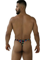 A vibrant rainbow printed microfiber thong with black base and bold circular designs from Xtremen 91284 mushroom color