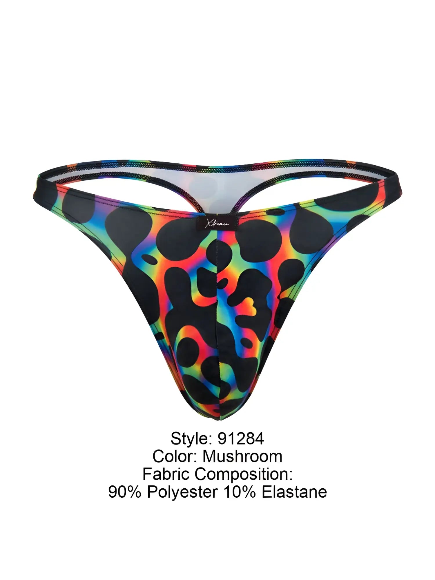 Xtremen 91284 printed microfiber thong in vibrant rainbow leopard print mushroom colorway made of polyester elastane