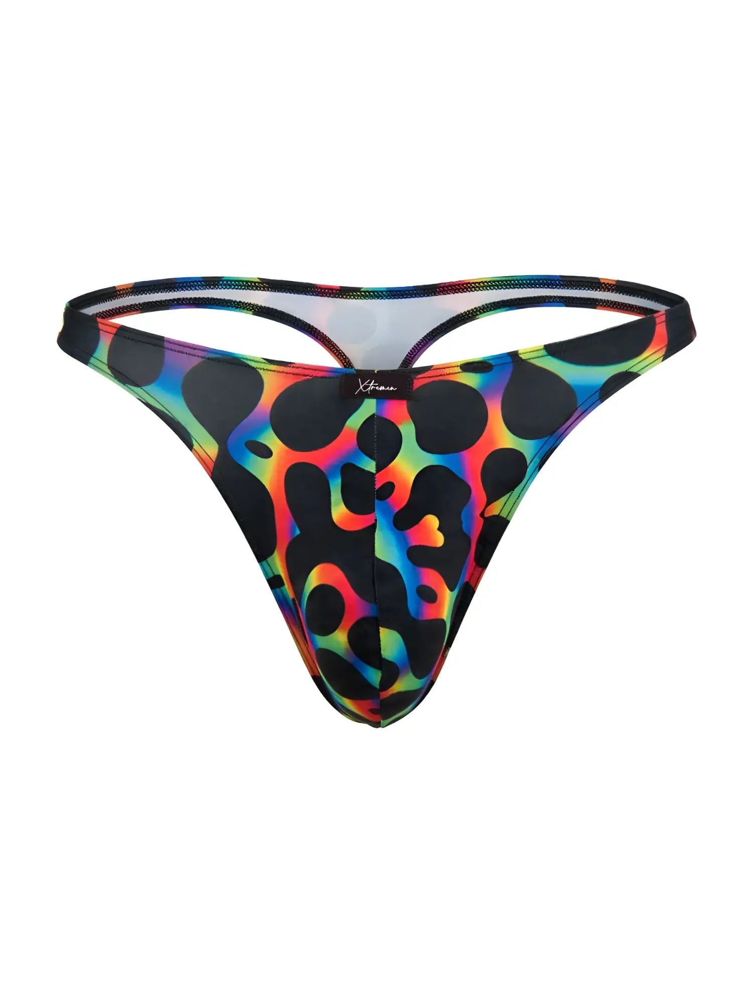 Vibrant rainbow leopard-print microfiber thong with black spots and sleek form-fitting design in mushroom color