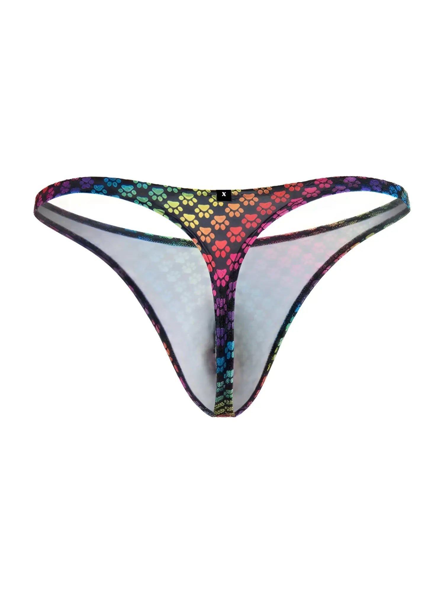 Xtremen 91284 printed microfiber thong in sheer black trim with rainbow-colored paw print pattern front view