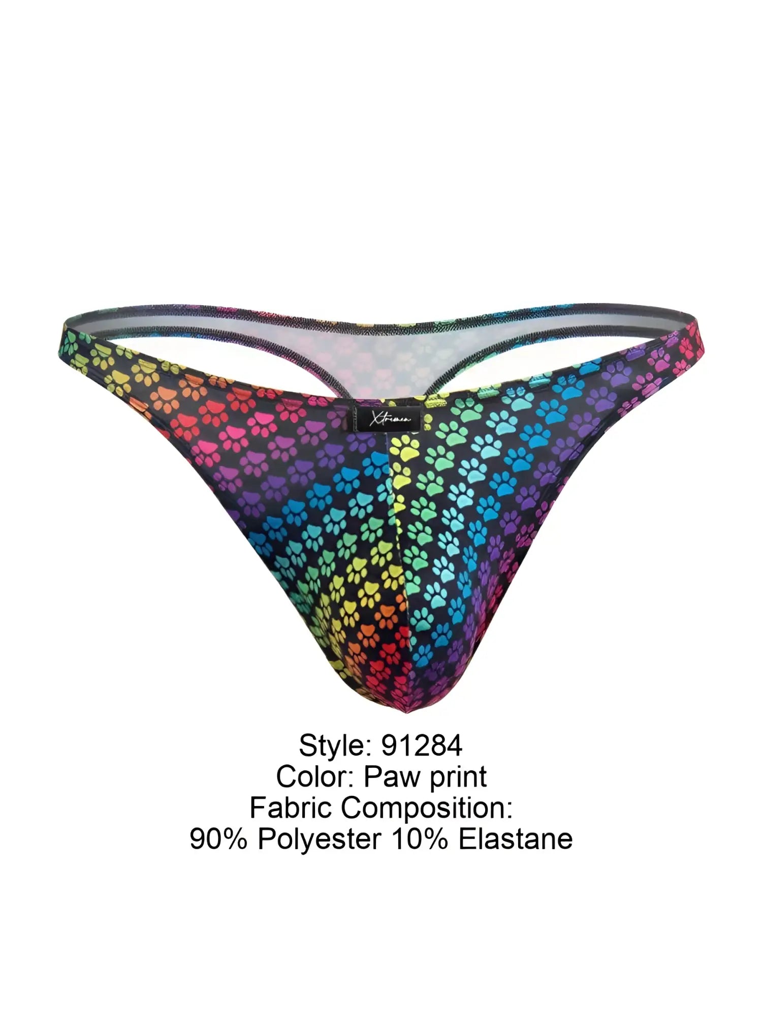 Xtremen 91284 printed microfiber thong in rainbow colors with playful paw print pattern made of 90 polyester 10 elastane