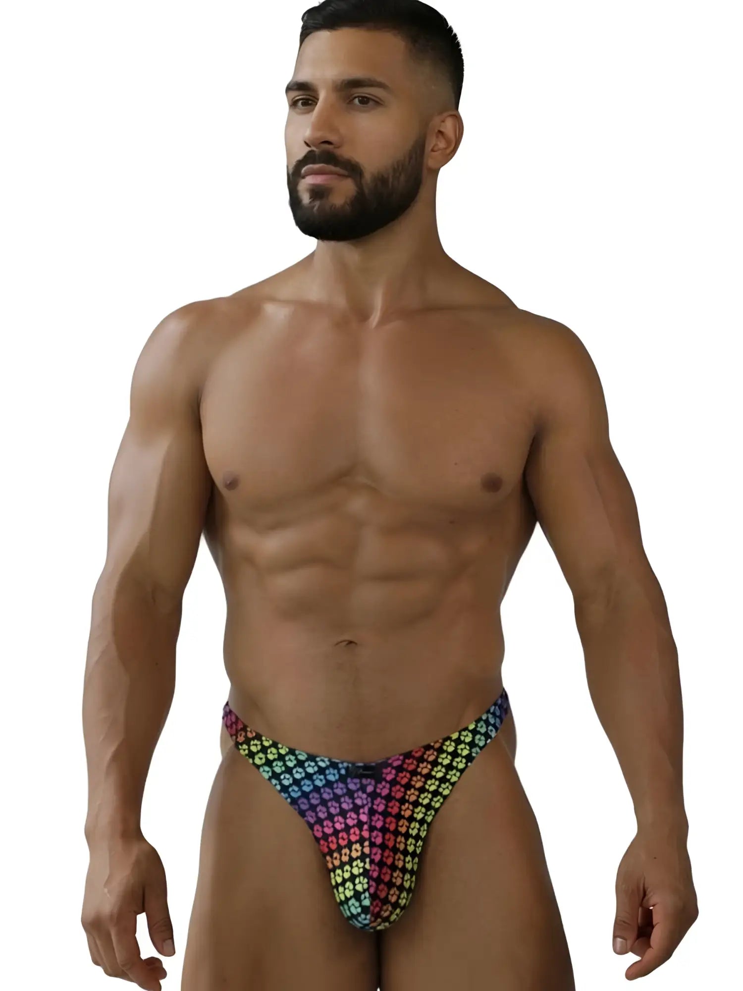 Rainbow-colored Xtremen 91284 printed microfiber thong with small repeating skull pattern, front view