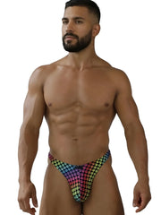 Rainbow-colored Xtremen 91284 printed microfiber thong with small repeating skull pattern, front view