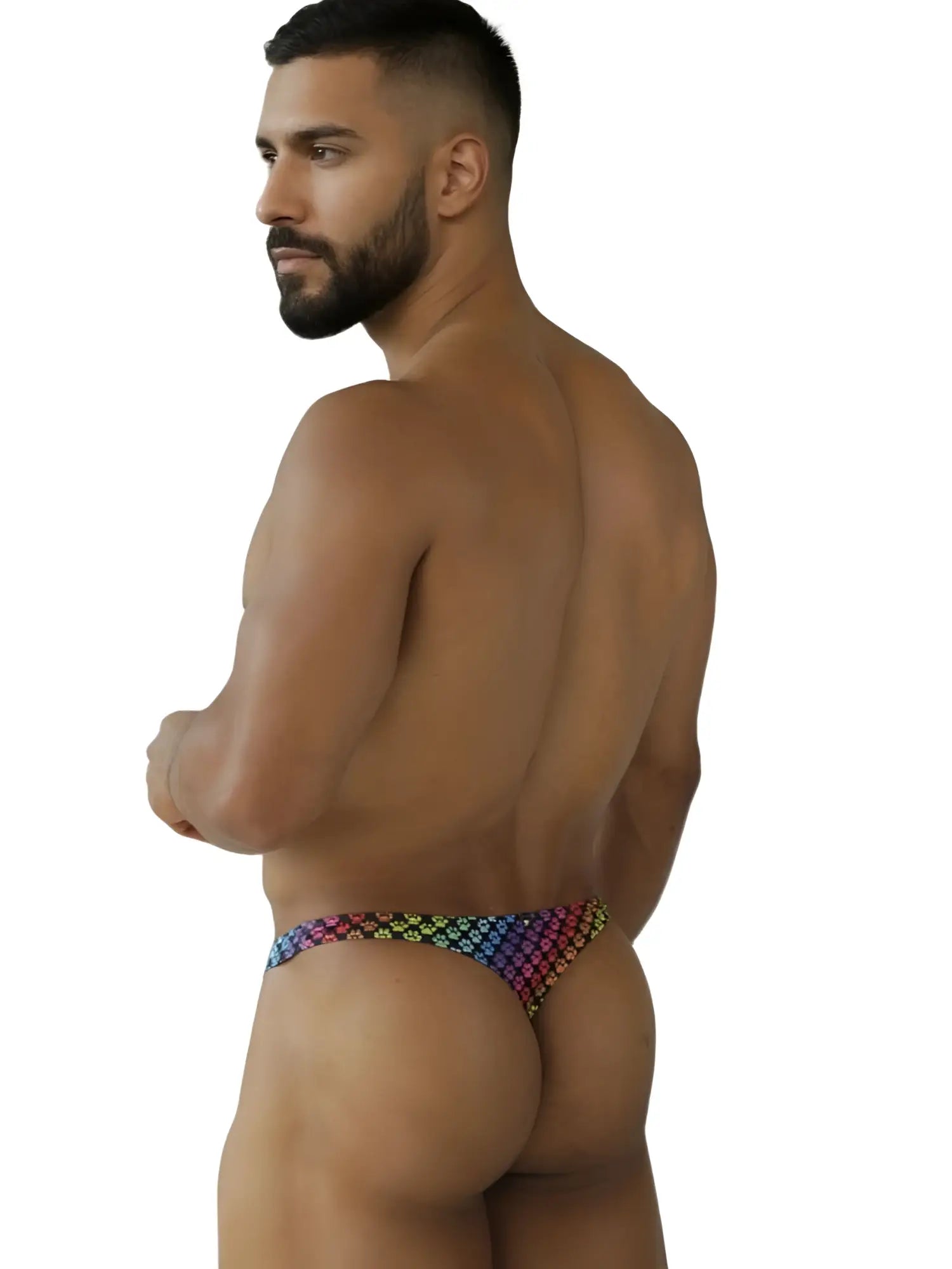 Rainbow-patterned shimmering mesh microfiber thong from xtremen 91284 with sleek modern design and colorful paw print