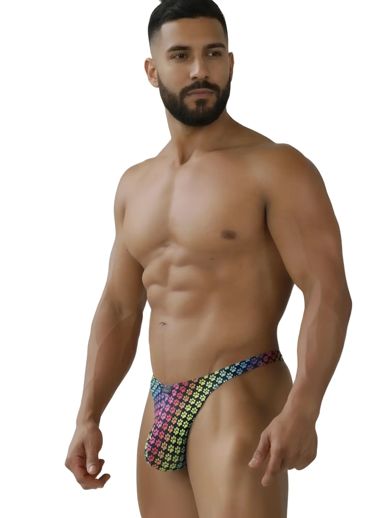Xtremen 91284 printed microfiber thong in vibrant rainbow colors with geometric paw print pattern visible from front
