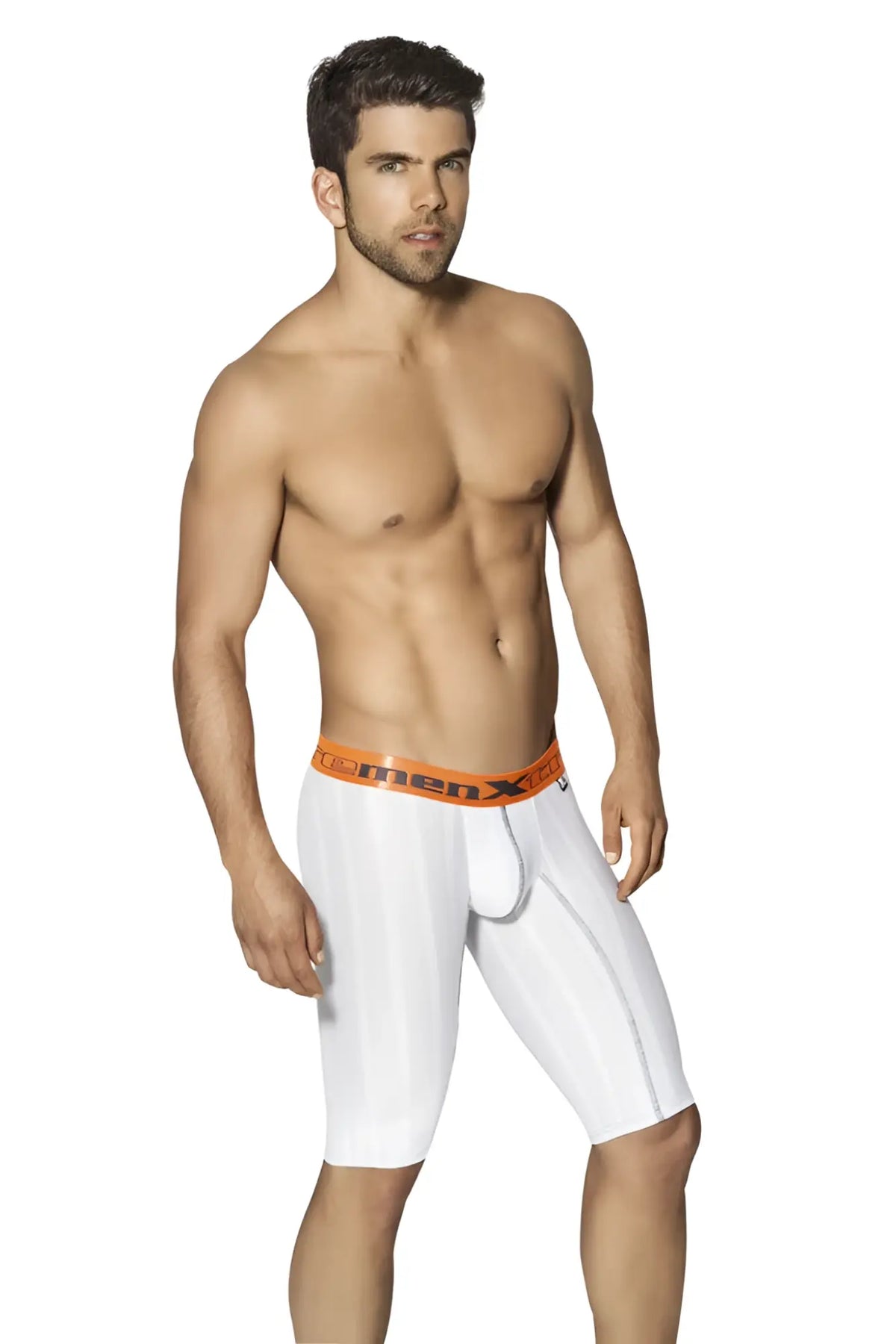 White xtremen sports microfiber stripe long boxer briefs with orange clemenx waistband size l