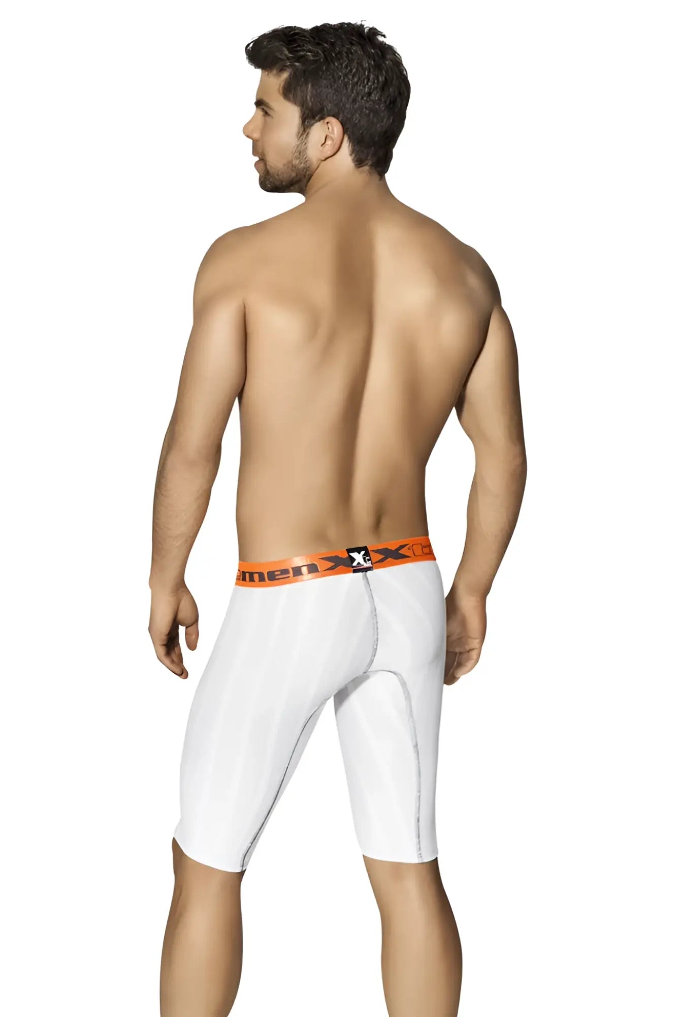 White men’s compression shorts with orange men x waistband microfiber stripe long boxer brief underwear size l