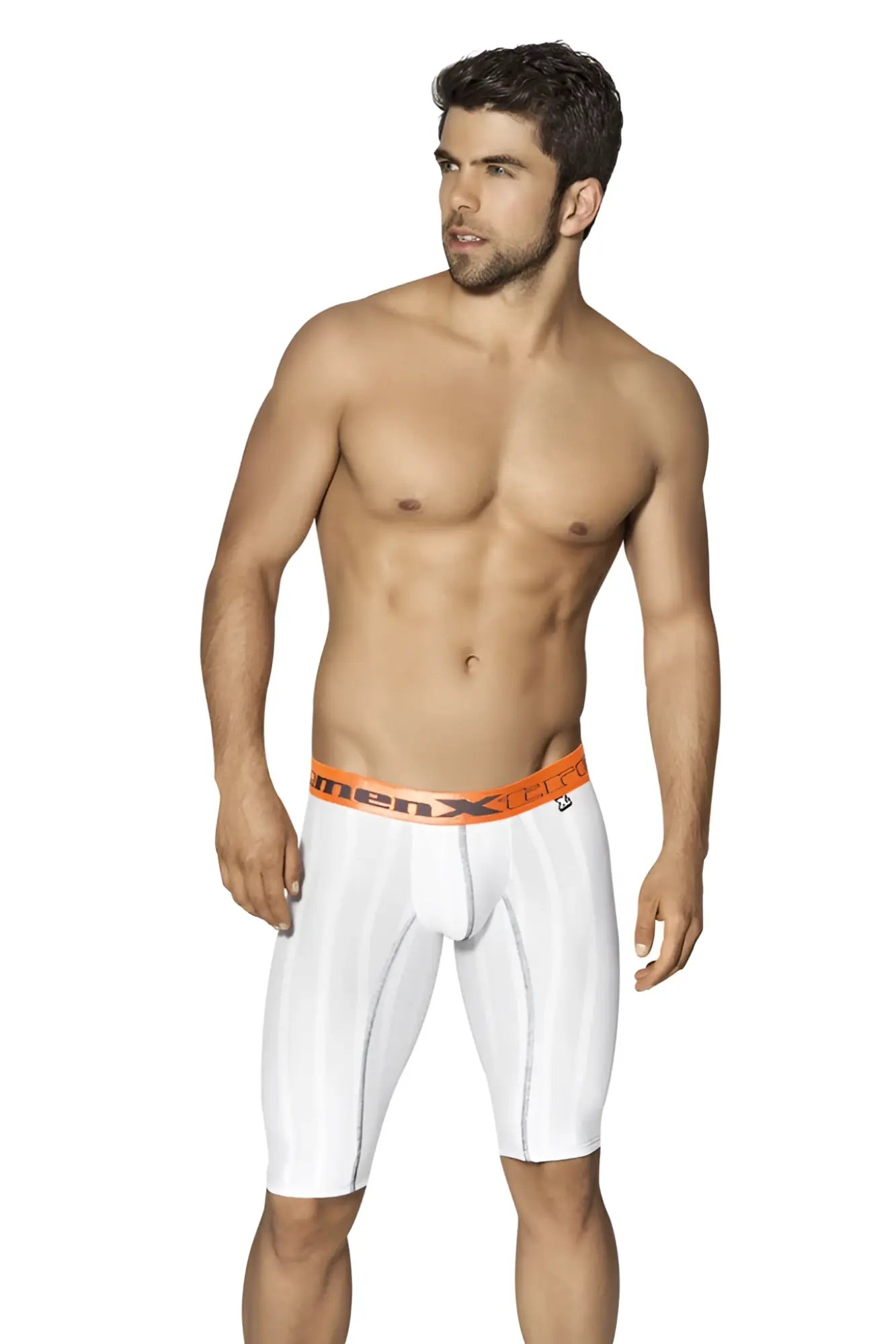 White men’s Xtremen sports microfiber compression shorts with orange waistband and menx logo size L