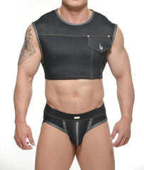 Black denim yannick muscle top crop with front pocket and matching briefs featuring silver toned hardware