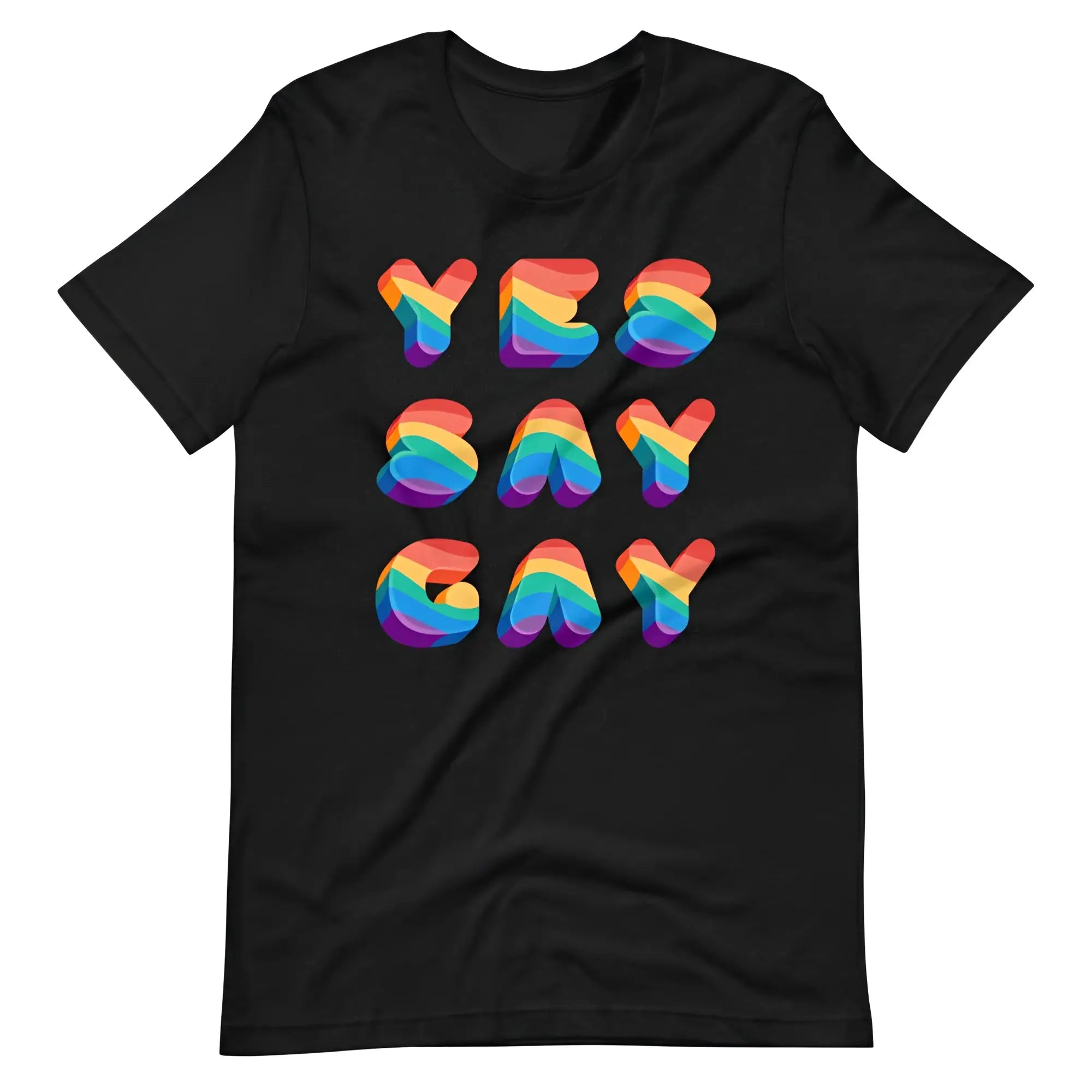 Black short-sleeved cotton t-shirt featuring yes say gay phrase in bold rainbow gradient letters for casual wear